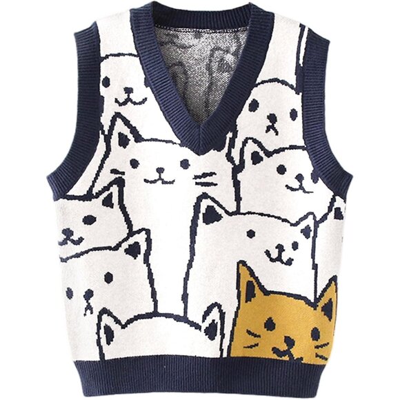 Sweaters - Womens Cats Print Knit Sweater Vest V Neck Sleeveless Tank Top Small